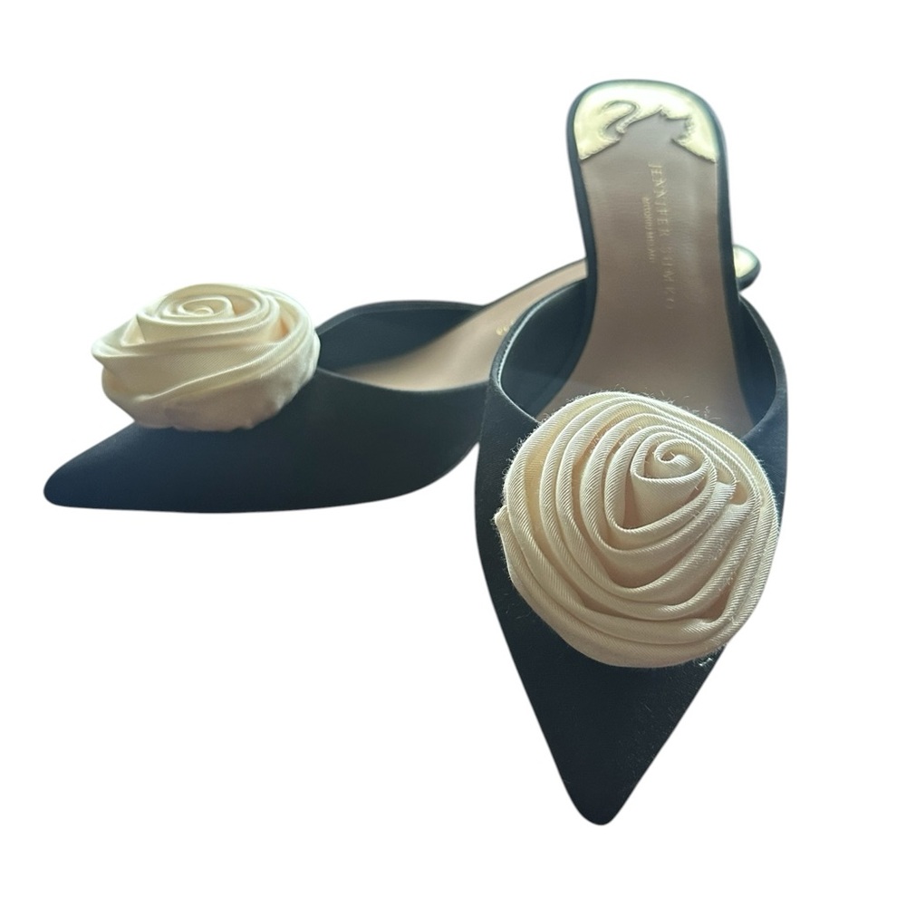 Jenner Sumko ANTONIO MELANI Black Pointed Slip-On Mules with Rosette Accents